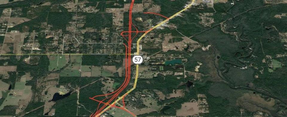 This view of the southern section of the Vancleave bypass shows how traffic on MS 57 will travel west of the current highway through the middle of town. Exits and connection to current roads will give drivers several ways to get off the bypass and go to stores and schools.