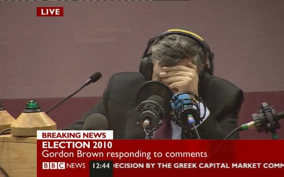 Gordon Brown hides from the microphones after being caught calling a Labour supporter a bigot in the 2010 election campaign - BBC