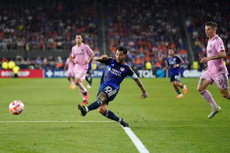 FC Cincinnati midfielder Luciano Acosta (10) crosses the ball in the second half of a U.S. Open Cup semifinal match between Inter Miami and FC Cincinnati, Wednesday, Aug. 23, 2023, at TQL Stadium in Cincinnati.