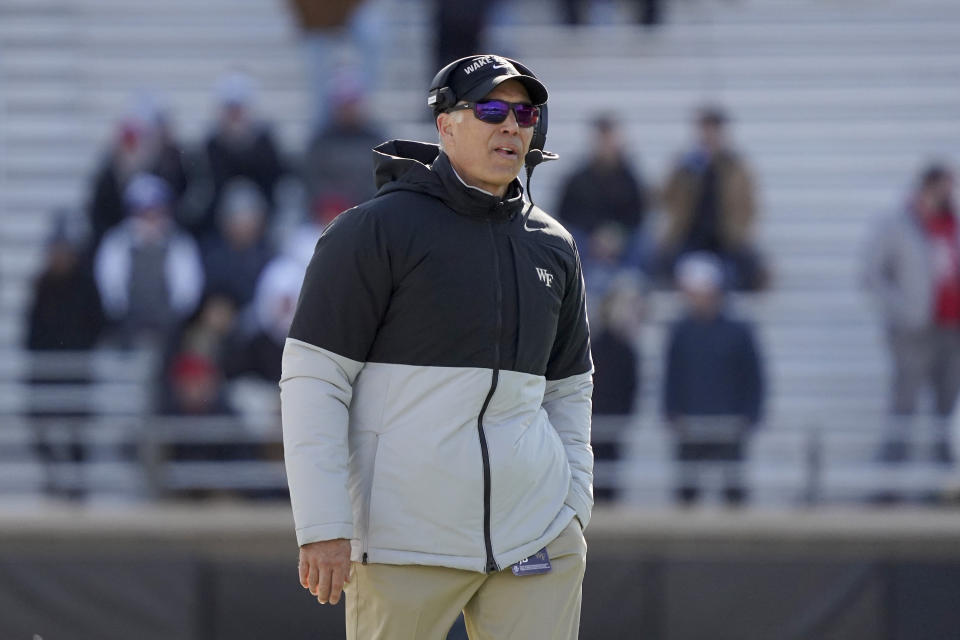 Wake Forest head coach Dave Clawson looks on during the first half of an NCAA college football game against Boston College, Saturday, Nov. 27, 2021, in Boston. (AP Photo/Mary Schwalm)