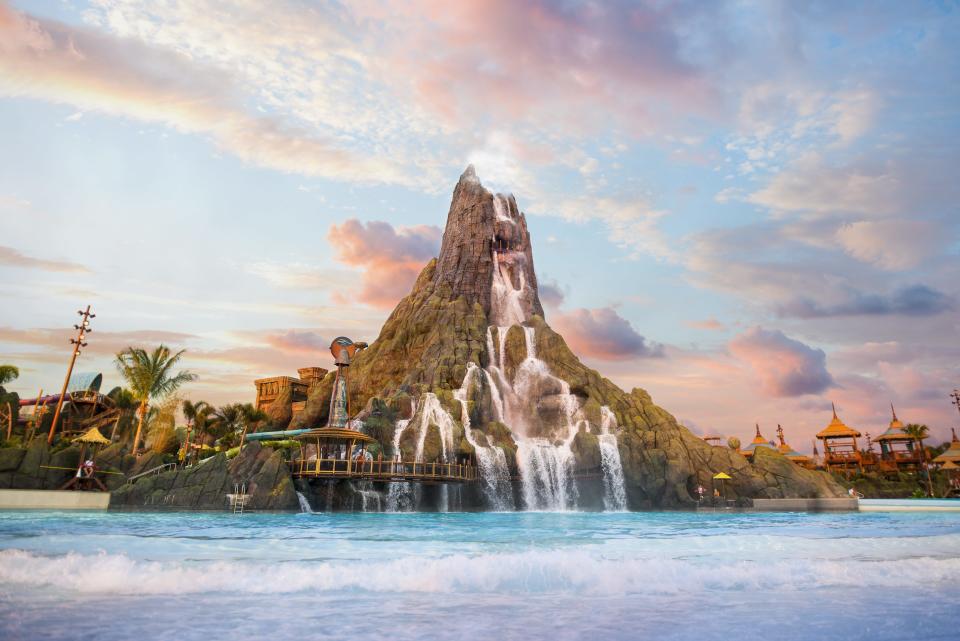 Universal Orlando’s 200-foot volcano with tucked-away slides and rides.