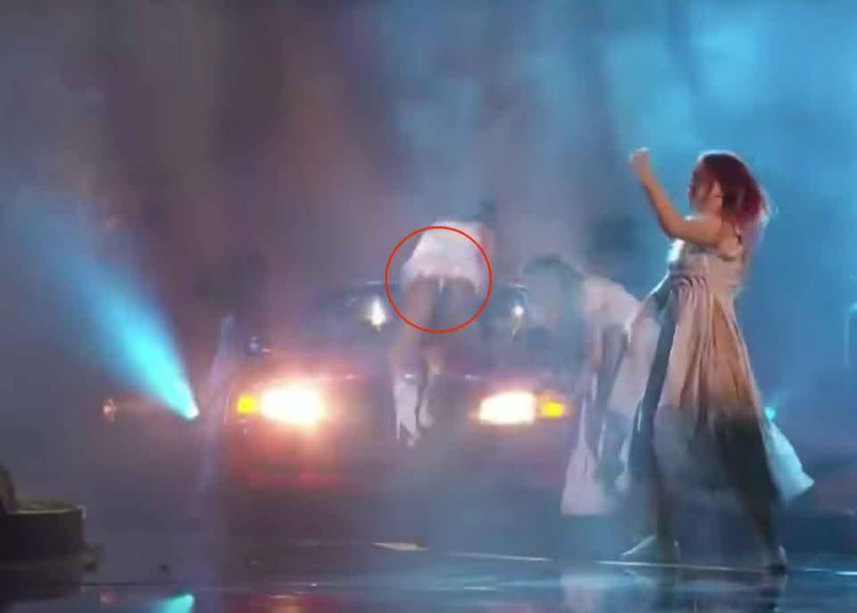 The star had a bit of a wardrobe malfunction flashing her undies during her performance. She still looked totally fabulous. Source: ABC