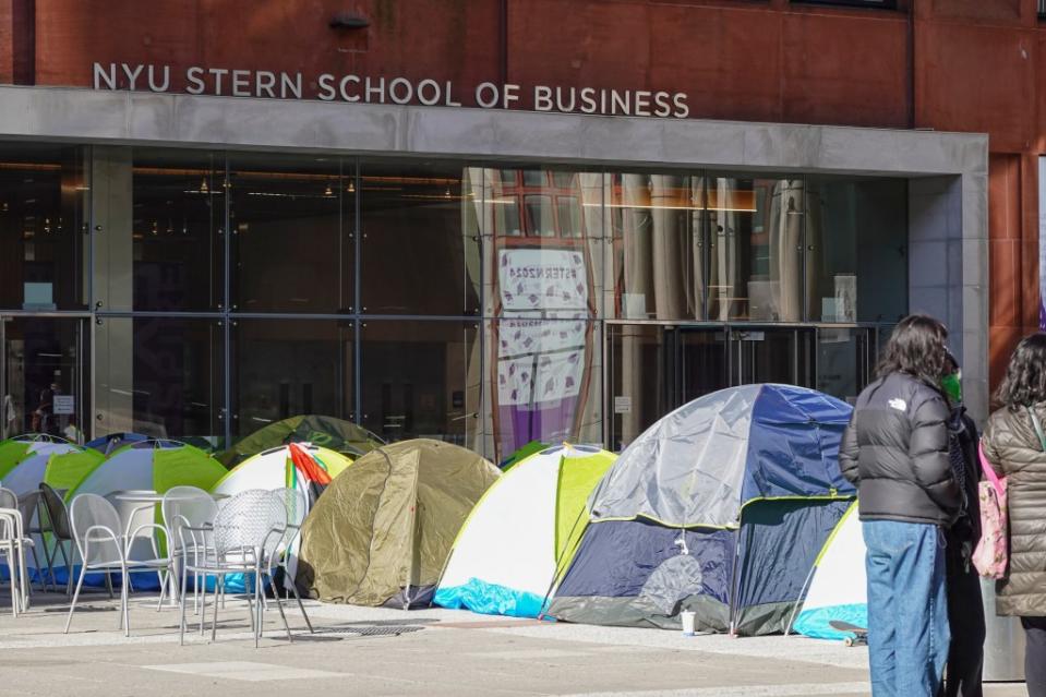 Camps have been set up in front of the NYU Stern School of Business to protest the war in Gaza. LP Media