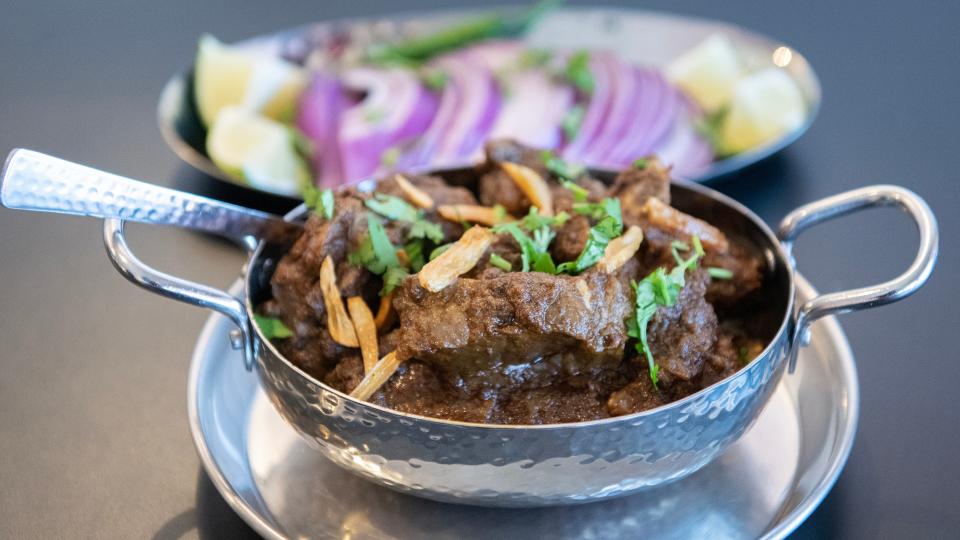 A freshly made dish of goat sukka is displayed in Nagpuri Saoji restaurant in Voorhees.  Nagpuri Saoji is the only restaurant in the United States that serves Saoji cuisine.  Saoji is a cuisine invented by the weaver community of Nagpur, a city in the central Indian state of Maharashtra.  