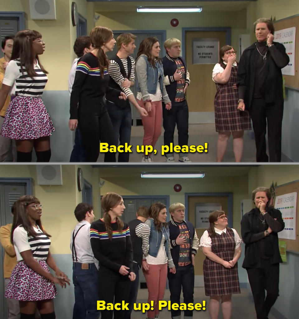 Group of people on a TV show set, a character gesturing for others to back up. Text: "Back up, please!" repeated