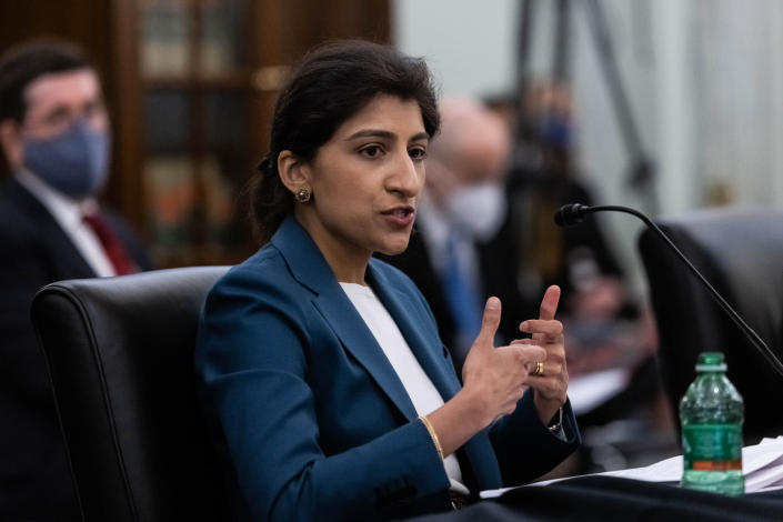 Lina M. Khan testifies during a Senate Commerce, Science, and Transportation Committee nomination hearing on April 21, 2021, in Washington, DC.<span class="copyright">Graeme Jennings/Getty Images</span>
