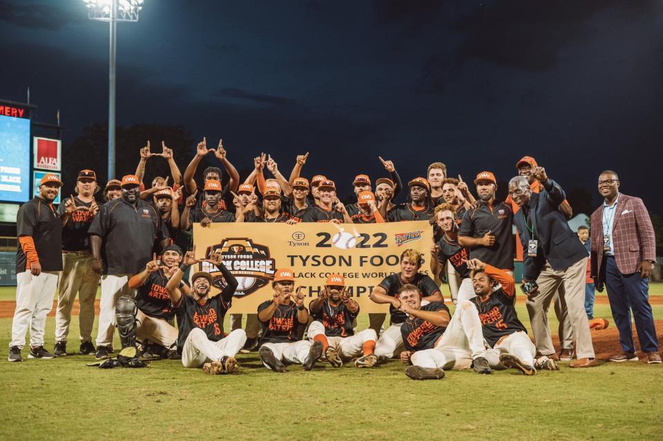 Edward Waters University baseball players celebrate after winning the Black College World Series on May 14, 2022. [Provided by EWU Athletics]