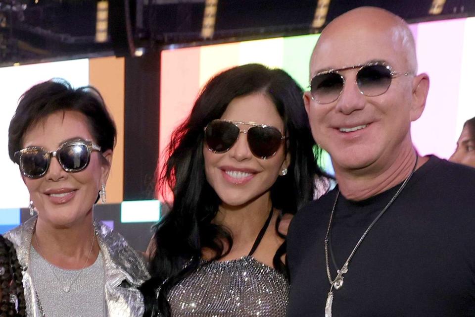 <p>Kevin Mazur/WireImage for Parkwood</p> Kris Jenner, Lauren Sánchez and Jeff Bezos at the Renaissance World Tour in Los Angeles