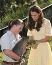 Britain's Kate, the Duchess of Cambridge is introduced to a Quokka by keeper Kristal Thompson during a wildlife show while on a visit to Taronga Zoo in Sydney, Australia, Sunday, April 20, 2014. (AP Photo/Rob Griffith/Pool)