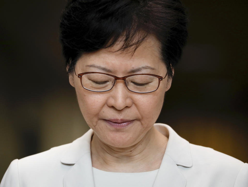 Hong Kong Chief Executive Carrie Lam pauses during a press conference at the government building in Hong Kong, on Thursday, Sept. 5, 2019. Lam says the extradition bill that sparked months of demonstrations will be formally withdrawn in the legislative council without the need for debate or vote. (AP Photo/Vincent Yu)