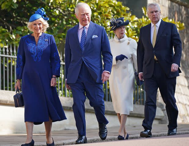 <p>YUI MOK/POOL/AFP/Getty</p> King Charles III, Camilla, Queen Consort, Princess Anne and Prince Andrew arrive for the Easter Mattins Service at St. George's Chapel, Windsor Castle on April 9, 2023.