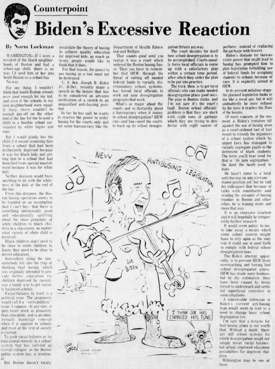 News Journal journalist reacts to Biden's hardening stance against busing for school desegregation, on December 19, 1974