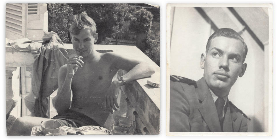 Skip Koons on the balcony of the apartment he shared with Steve Benedict in Cannes, France, 1951; Koons in his U.S. Navy uniform. (Photos: Courtesy of Stephen Benedict)