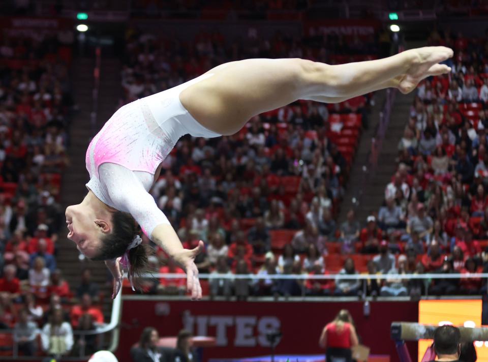 University of Utah gymnast Maile O’Keefe competes on the floor against Stanford in Salt Lake City on Friday, Feb. 23, 2024. | Jeffrey D. Allred, Deseret News