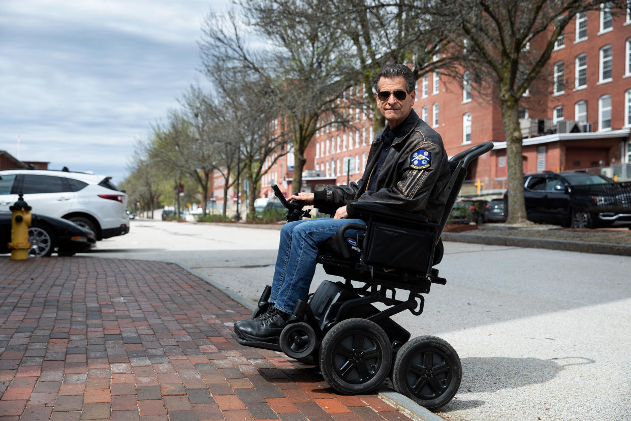 Dean Kamen, inventor of the iBOT personal mobility device, demonstrates how the iBOT easily drives over curbs, on May 3, 2021, at DEKA, in Manchester, New Hampshire.  (Kayana Szymczak for Yahoo News)



