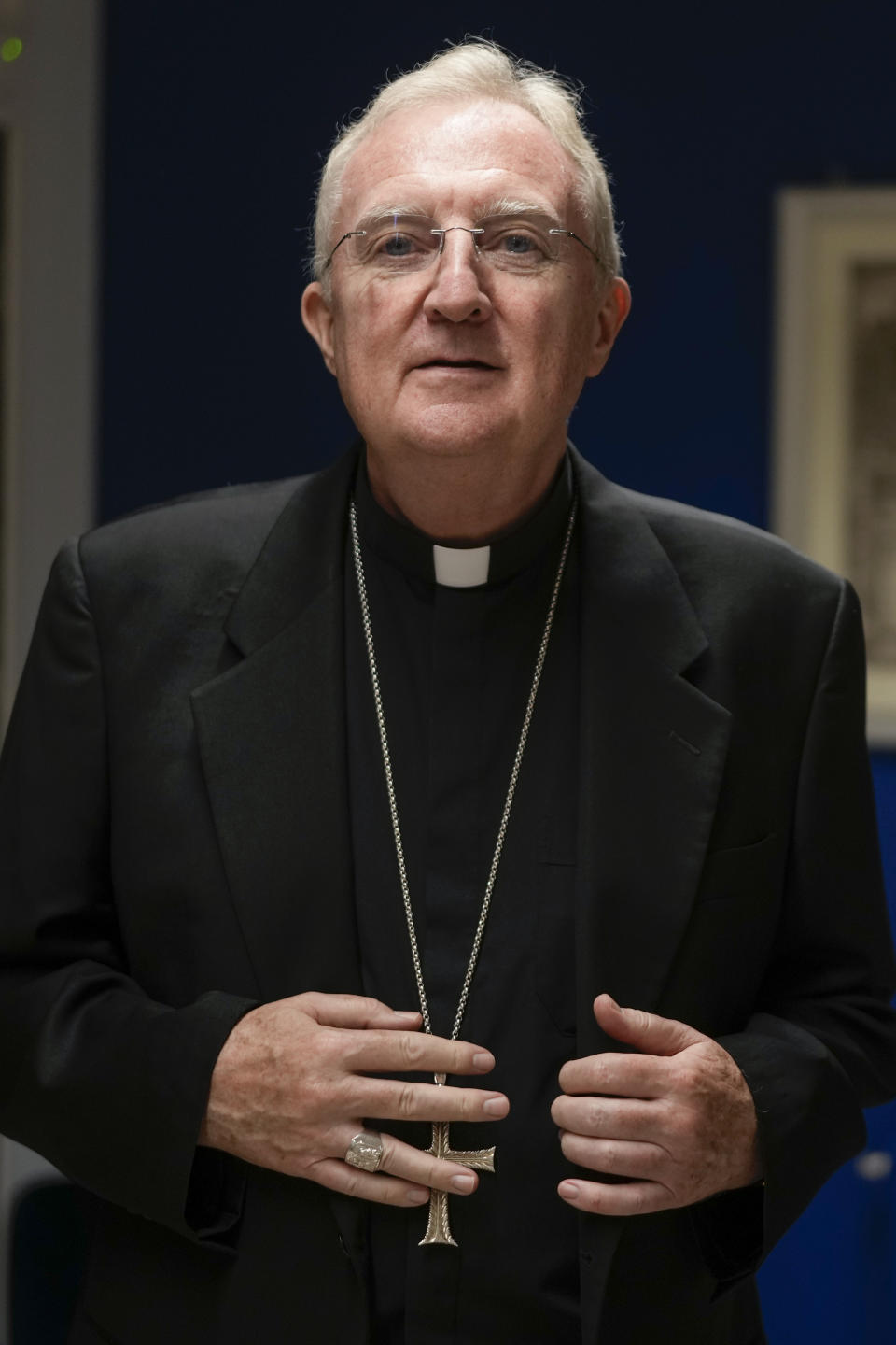 Newly named cardinal Arthur Roche poses for a photo, during a press conference at the Vatican, Saturday, Aug. 27, 2022. Pope Francis will formally expand the ranks of churchmen now eligible to vote for his successor in case he dies or resigns. Of the 20 churchmen being raised to cardinal’s rank on Saturday in the ceremony known as a consistory in St. Peter’s Basilica, 16 are younger than 80 and thus, according to church law, could participate in a conclave – a ritual-shrouded, locked-door assembly of cardinals who cast paper ballots to elect a new pontiff. (AP Photo/Andrew Medichini)