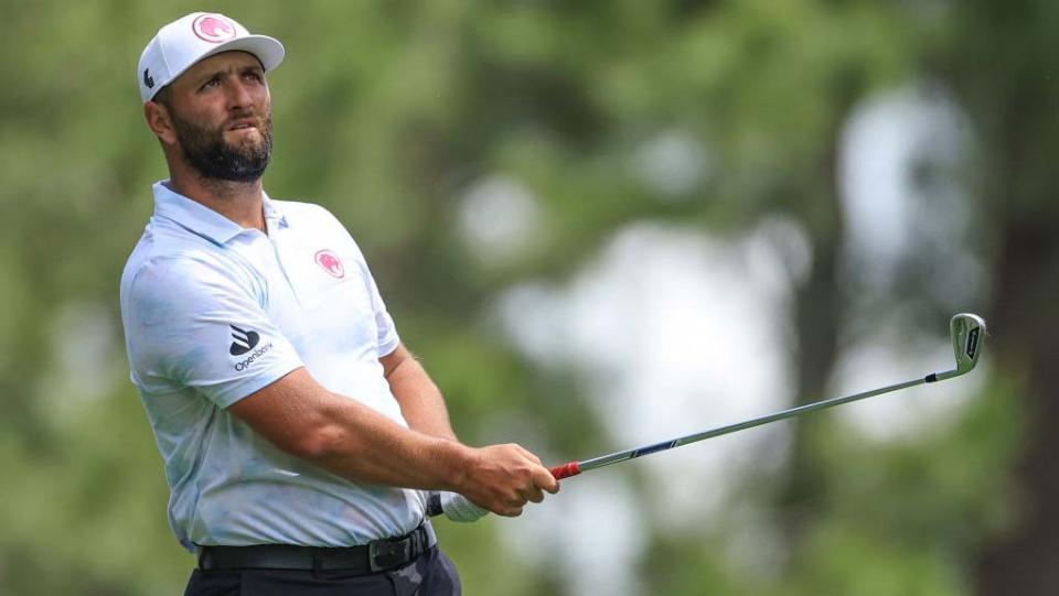  Jon Rahm of Spain plays his tee shot on the fourth hole during the first round of the 2024 Masters Tournament at Augusta National Golf Club on April 11, 2024. 