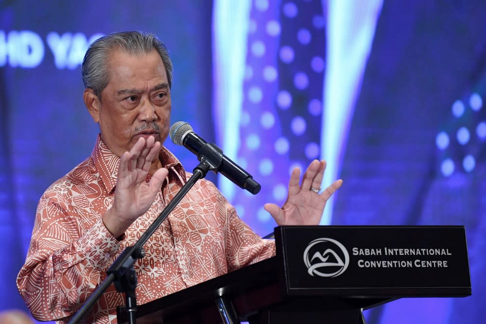 Prime Minister Tan Sri Muhyiddin Yassin delivers his speech at the Sabah International Convention Centre in Kota Kinabalu August 29, 2020. — Bernama pic