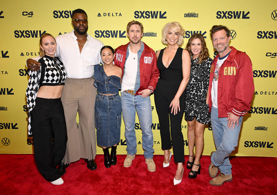 Emily Blunt, Winston Duke, Stephanie Hsu, Ryan Gosling, Hannah Waddingham, Kelly McCormick, and David Leitch attend the SXSW premiere of The Fall Guy presented by Universal Pictures at The Paramount Theater on March 12, 2024 in Austin, Texas.