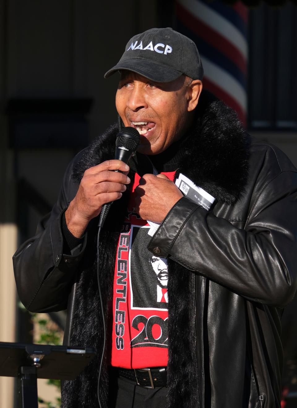 Garland Pruitt, President of the OKC Branch NAACP, speaks during the celebration of Rev. Dr. Martin Luther King, Jr. National Holiday in Oklahoma City on what will be the MAPS 4 Freedom Center and Clara Luper Civil Rights Center Monday, January 17, 2022. 