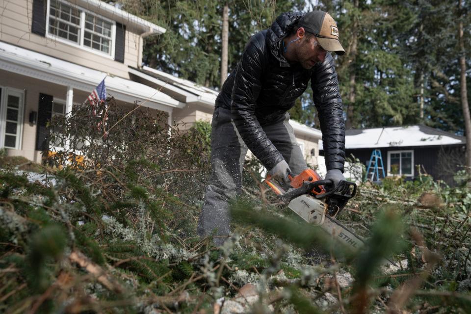 A man clears trees that fell in his front yard following a winter storm in Lake Oswego, Oregon on 16 January 2024 (AP)