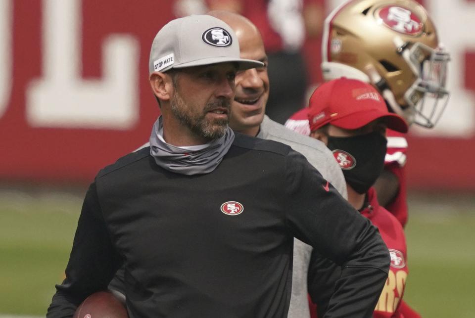 September 13, 2020; Santa Clara, California, USA; San Francisco 49ers head coach Kyle Shanahan watches before the game against the Arizona Cardinals at Levi's Stadium. Mandatory Credit: Kyle Terada-USA TODAY Sports