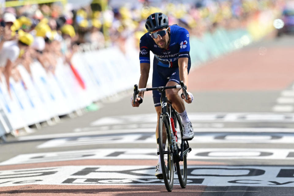 Groupama - FDJ's French rider Thibault Pinot cycles to the finish line of the 12th stage of the 110th edition of the Tour de France cycling race, 169 km between Roanne and Belleville-en-Beaujolais, in central-eastern France, on July 13, 2023. (Photo by Marco BERTORELLO / AFP)