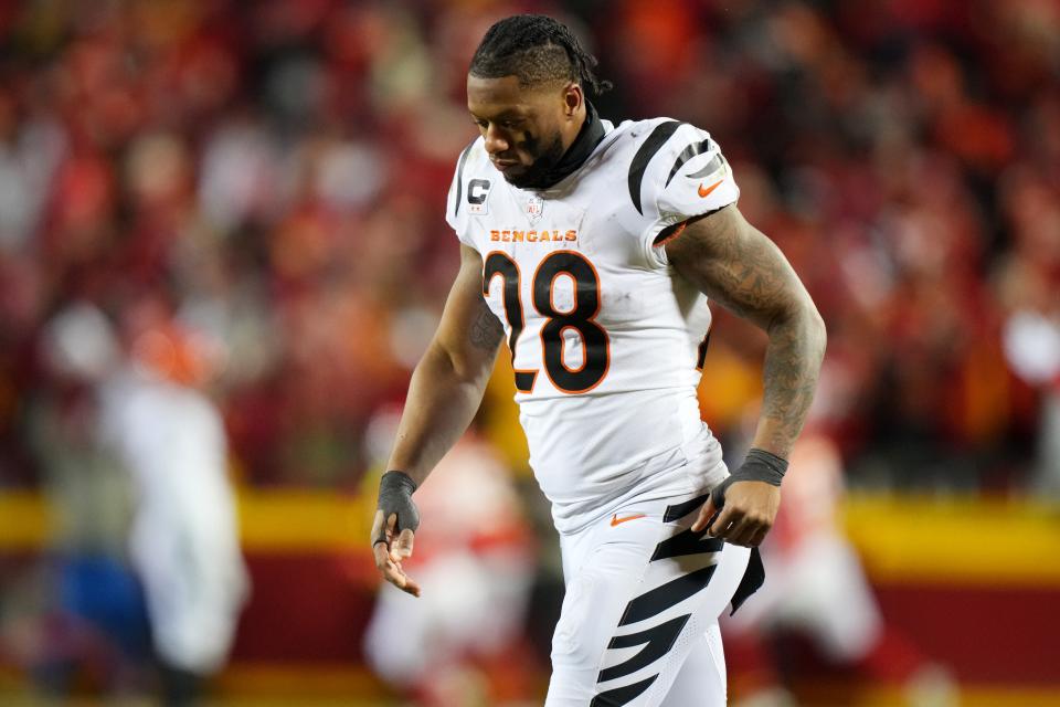 Cincinnati Bengals running back Joe Mixon (28) John off the field at the conclusion of the AFC championship NFL game between the Cincinnati Bengals and the Kansas City Chiefs, Sunday, Jan. 29, 2023, at GEHA Field at Arrowhead Stadium in Kansas City, Mo. The Kansas City Chiefs lead the Cincinnati Bengals, 13-6, at halftime.