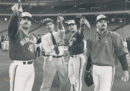 September 29, 1989: Relief pitchers (left to right) Franki Wills, Duane Ward and David Wells point out some of the SKyDome's features to former Orioles pitching great Jim Palmer. (Photo by Tony Bock/Toronto Star via Getty Images)