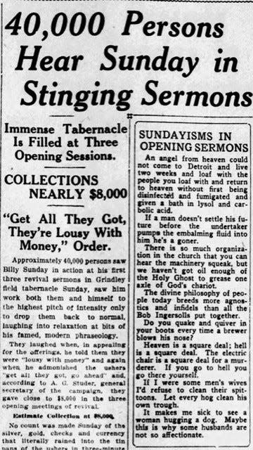 This clip from a Sept. 11, 1916, Detroit Free Press story recounts a Billy Sunday sermon that drew 40,000 people.