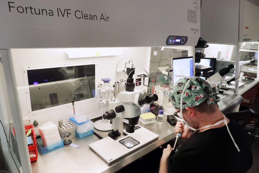 A lab technician using equipment to store embryos