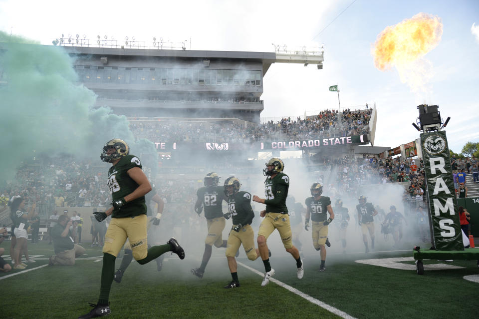 The Colorado State Rams take the field to play the Hawai'i Rainbow Warriors at Canvas Stadium on August 25, 2018. (Photo by Andy Cross/The Denver Post via Getty Images)