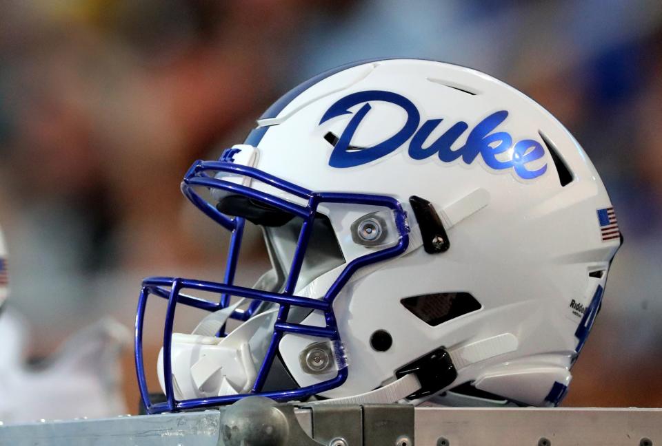 A Duke football helmet on the Duke’s sideline during the game against MTSU on Saturday, Sept. 14, 2019, at MTSU. USA TODAY Sports