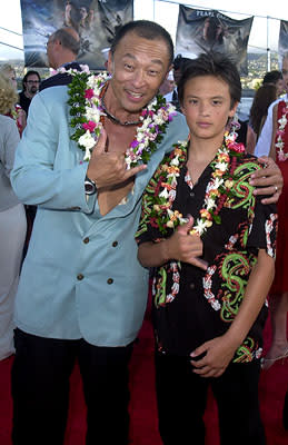 Cary Hiroyuki Tagawa and son Kaelin aboard the USS John C. Stennis at the Honolulu, Hawaii premiere of Touchstone Pictures' Pearl Harbor