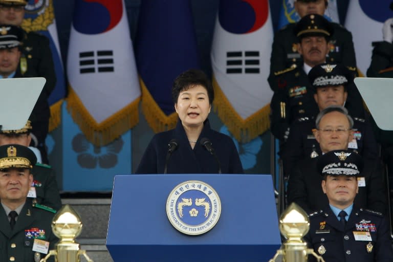 South Korea's President Park Geun-Hye speaks during a military commissioning ceremony at Gyeryongdae, South Korea's main military compound, in Gyeryong, on March 4, 2016