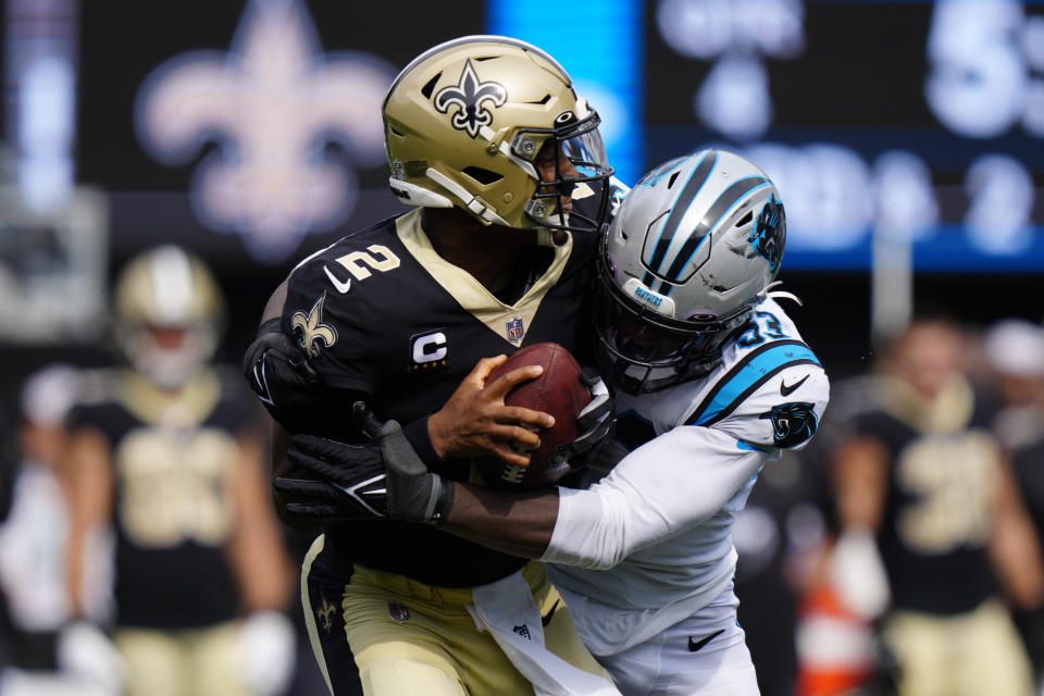 Carolina Panthers defensive end Brian Burns sacks New Orleans Saints quarterback Jameis Winston during the second half of an NFL football game Sunday, Sept. 19, 2021, in Charlotte, N.C. (AP Photo/Jacob Kupferman)