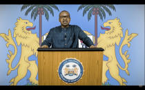 In this UNTV image, Mohamed Juldeh Jalloh, Vice President of Sierra Leone, speaks in a pre-recorded video message during the 75th session of the United Nations General Assembly, Thursday, Sept. 24, 2020, at UN headquarters in New York. The U.N.'s first virtual meeting of world leaders started Tuesday with pre-recorded speeches from heads-of-state, kept at home by the coronavirus pandemic. (UNTV via AP)