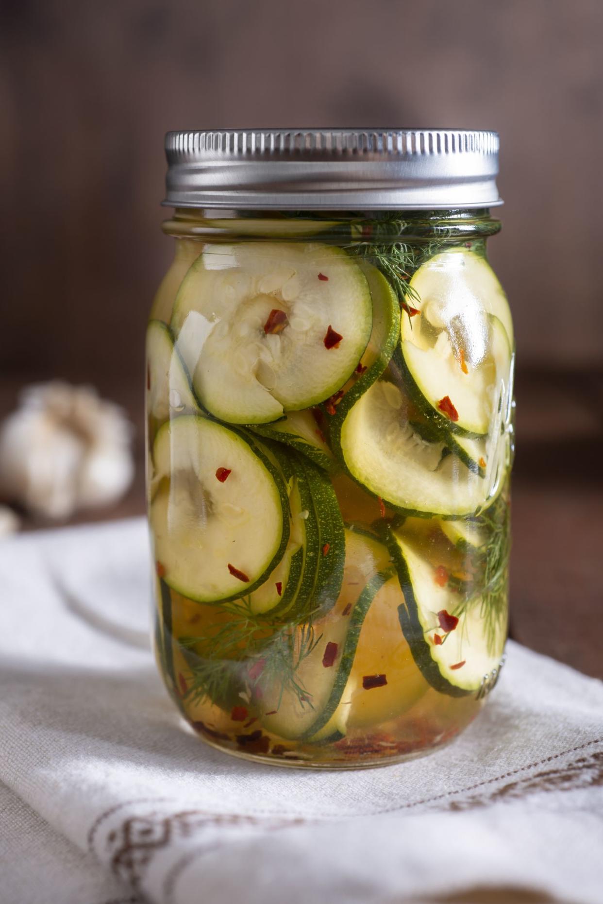 Pickled Zucchini in a Mason Jar with Dill, Crushed Red Pepper and Garlic