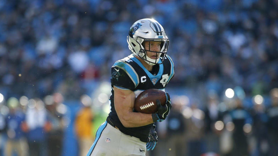 Carolina Panthers running back Christian McCaffrey (22) runs against the Seattle Seahawks during the first half of an NFL football game in Charlotte, N.C., Sunday, Dec. 15, 2019. (AP Photo/Brian Blanco)