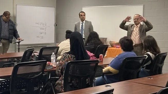 Canutillo ISD Superintendent Pedro Galaviz talks to parents about the district’s deficit during a meeting on Jan. 25.