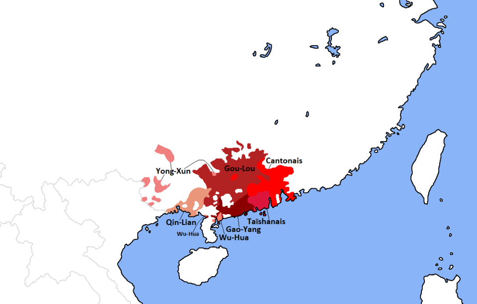 粵語又名「白話」、「廣東話」，是中國歷史中最悠久的漢語。圖為目前使用粵語的地區。(圖:維基)