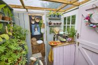 <p>The budget-friendly shed features a small kitchenette, a potting area, a tool store and even an off-grid bathroom. It's been decorated with beautiful pastel shades, including Cuprinol Garden Shades <a href="https://www.amazon.co.uk/CUPRNOL-5122247-Garden-Exterior-Woodcare/dp/B0069ISJ4G" rel="nofollow noopener" target="_blank" data-ylk="slk:Sweet Pea Pink;elm:context_link;itc:0;sec:content-canvas" class="link ">Sweet Pea Pink</a> and <a href="https://www.amazon.co.uk/Cuprinol-Garden-Shades-Wild-Thyme/dp/B005349YJ6" rel="nofollow noopener" target="_blank" data-ylk="slk:Wild Thyme;elm:context_link;itc:0;sec:content-canvas" class="link ">Wild Thyme</a>, and <a href="https://www.amazon.co.uk/Cuprinol-5244557-Ducksback-Exterior-Woodcare/dp/B01CIK3RUE" rel="nofollow noopener" target="_blank" data-ylk="slk:Cuprinol Ducksback Black;elm:context_link;itc:0;sec:content-canvas" class="link ">Cuprinol Ducksback Black</a> to help protect and colour the shed's wood.</p>