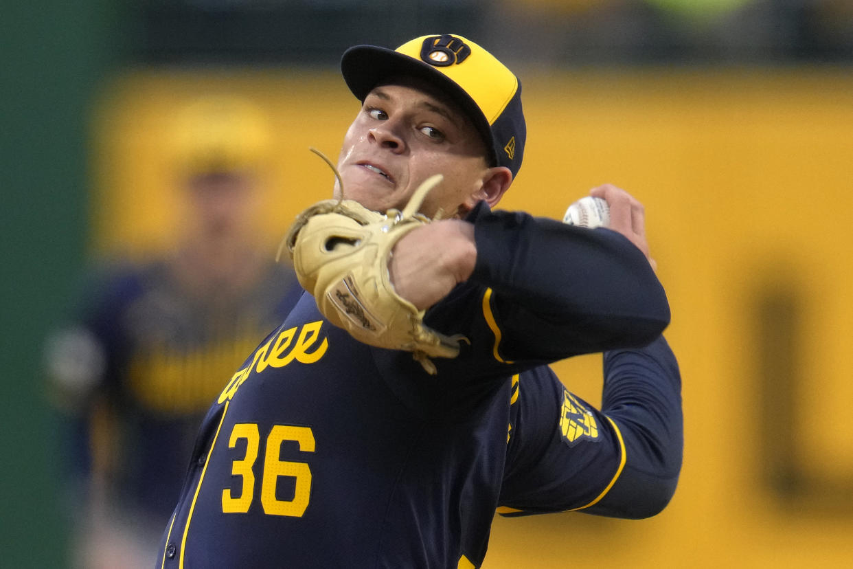 Milwaukee Brewers starting pitcher Tobias Myers delivers during the second inning of a baseball game against the Pittsburgh Pirates in Pittsburgh, Tuesday, Sept. 24, 2024. (AP Photo/Gene J. Puskar)