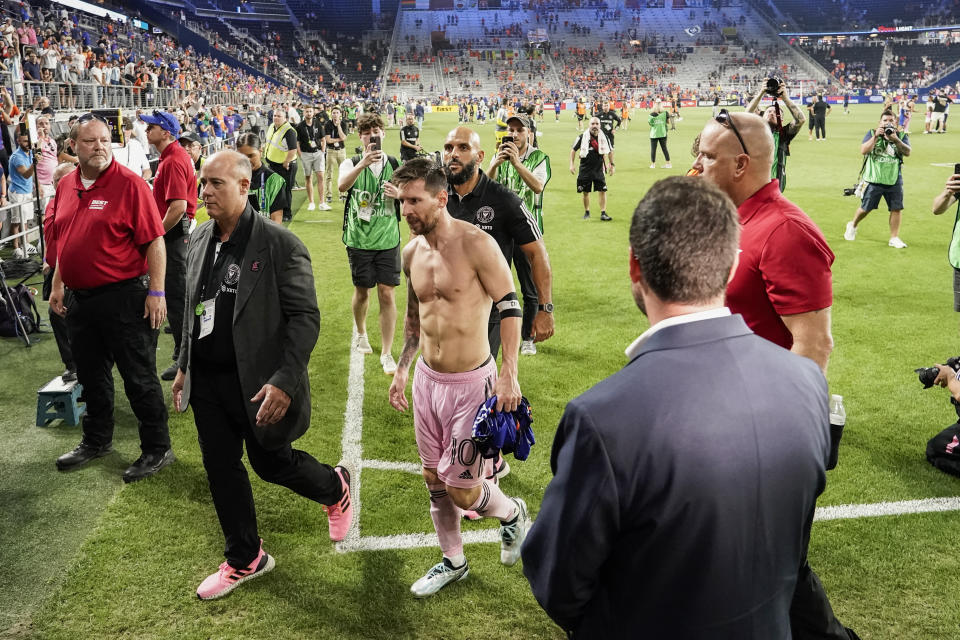 Inter Miami forward Lionel Messi walks off the pitch following the team's win in penalty kicks against FC Cincinnati during a U.S. Open Cup soccer semifinal Wednesday, Aug. 23, 2023, in Cincinnati. (AP Photo/Joshua A. Bickel)