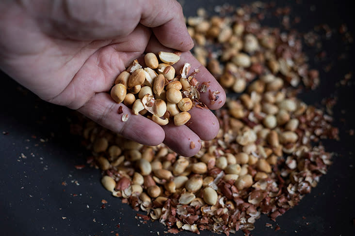 An easy way to ‘roast’ the peanuts is to dry stir-fry them in a wok.