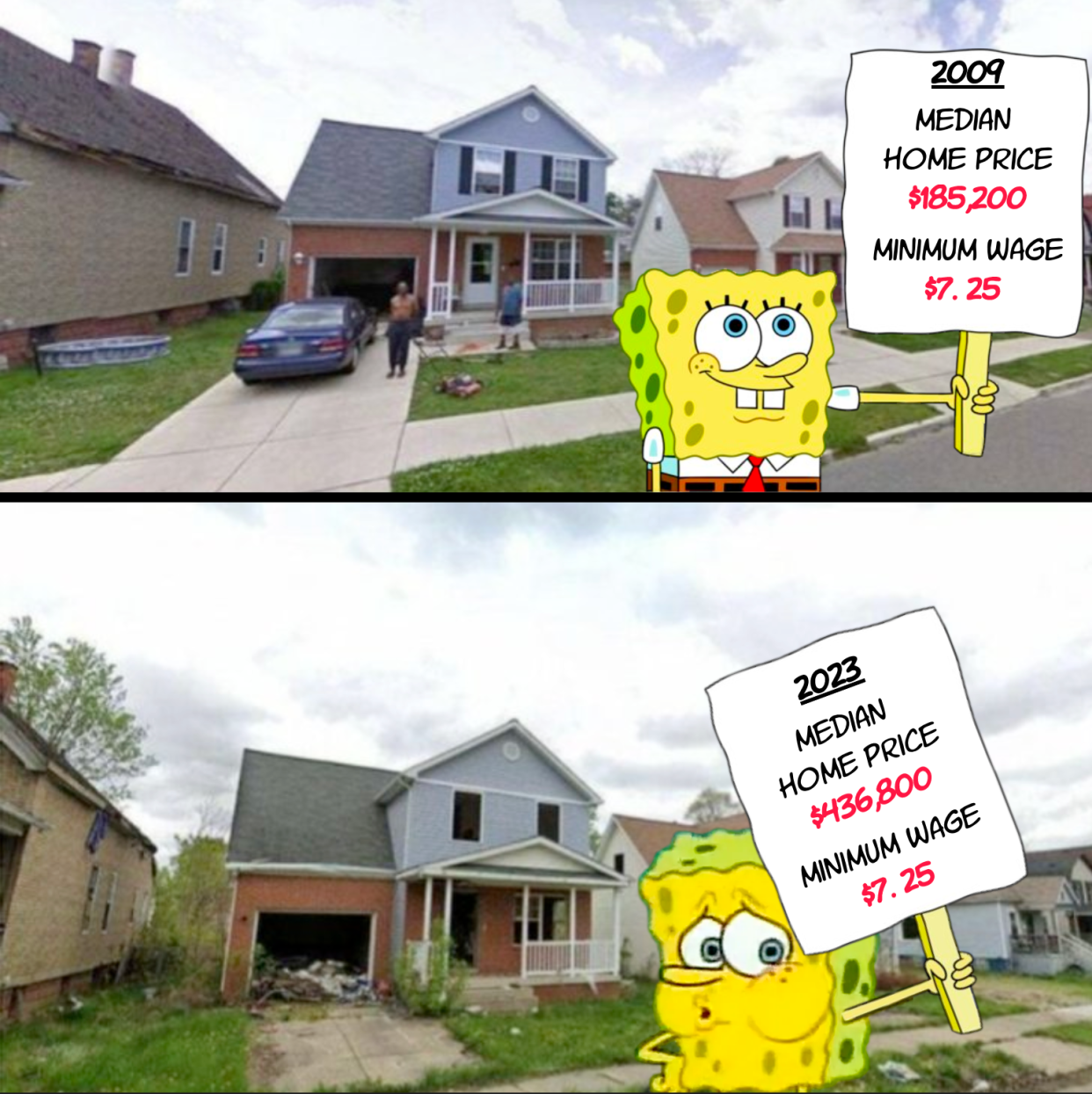 house and spongebob squarepants in 2009 and 2023