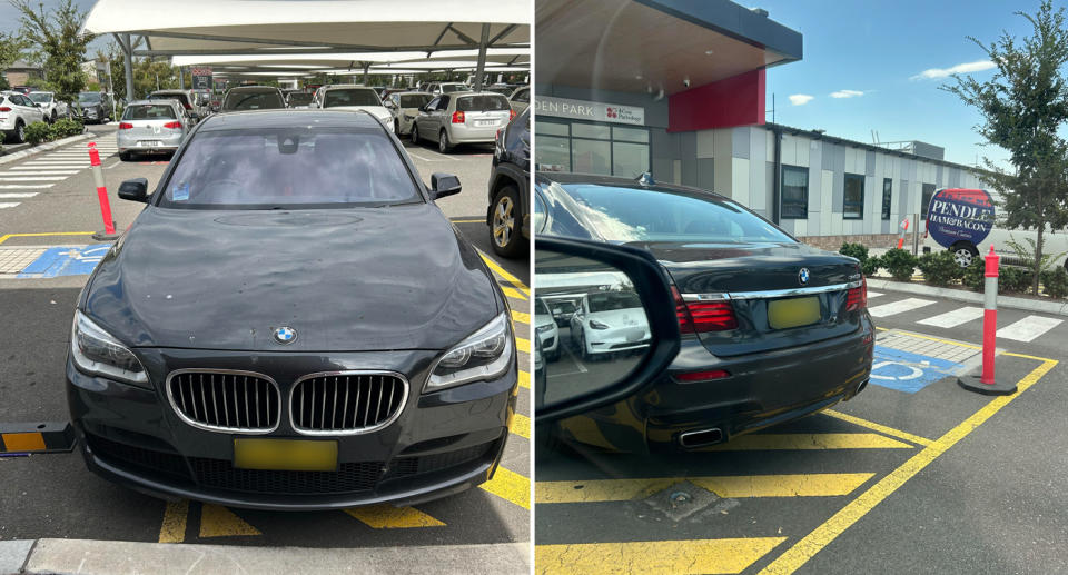 A car incorrectly parked next to a disabled spot. 
