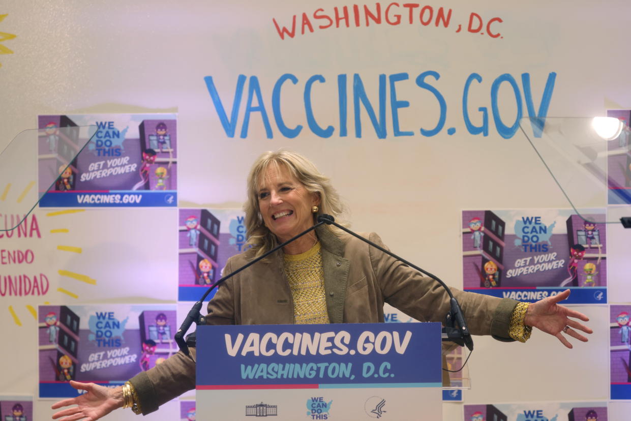 First lady Jill Biden speaks at a COVID-19 vaccination clinic for kids in Washington, D.C., in 2021.