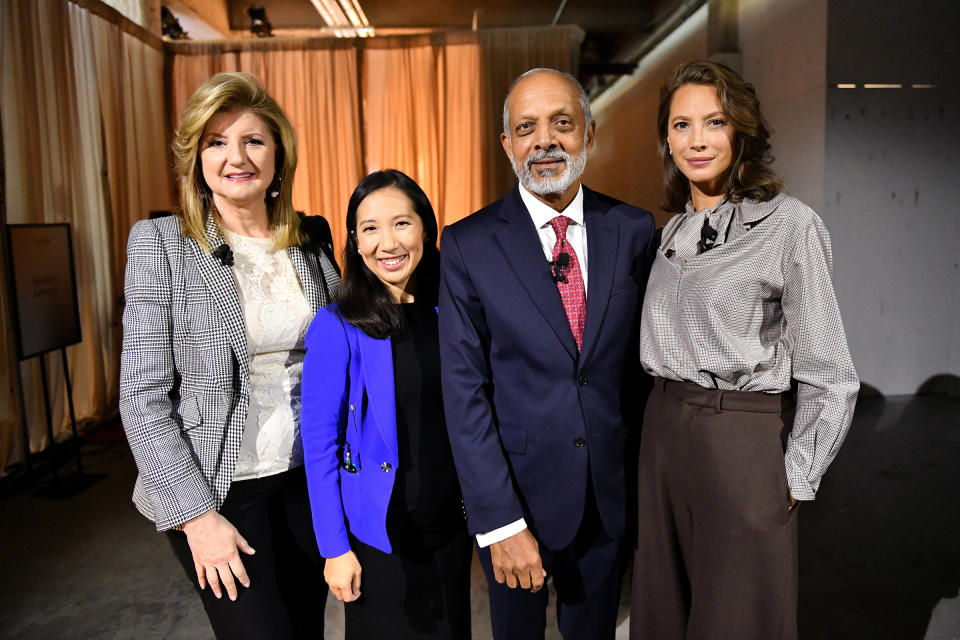 (L-R) Arianna Huffington, Dr. Leana Wen, Dr. Naveen Rao and Christy Turlington Burns pose backstage during the TIME 100 Health Summit at Pier 17 in New York City on Oct. 17, 2019. | Craig Barritt—Getty Images for TIME 100 Health