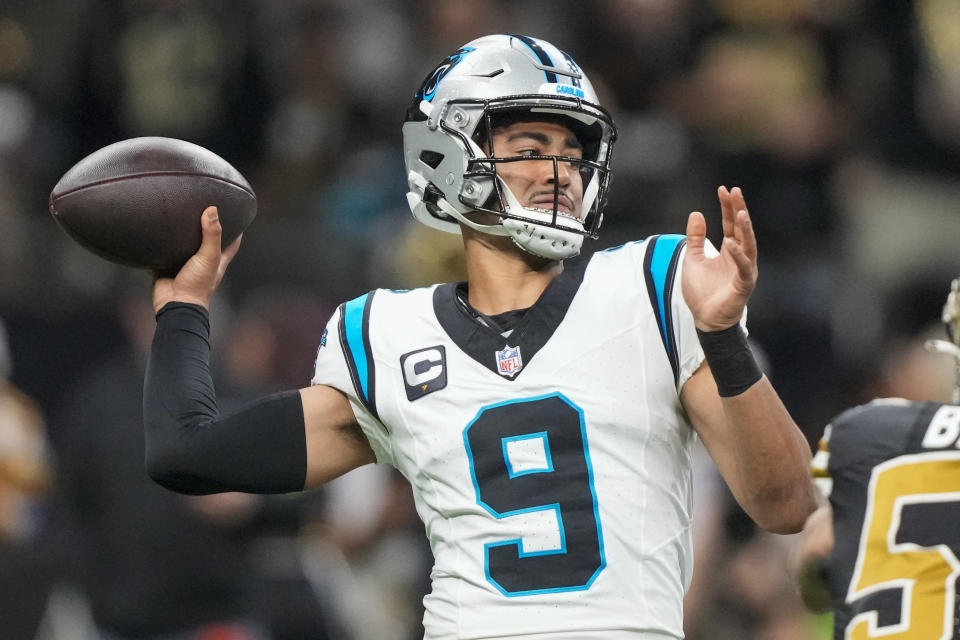 Carolina Panthers quarterback Bryce Young passes against the New Orleans Saints during the first half of an NFL football game in New Orleans, Sunday, Dec. 10, 2023. (AP Photo/Gerald Herbert)